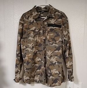 Carbon Shirt Men Large Green Camo Long Sleeve Snap Button Up  Cotton Military